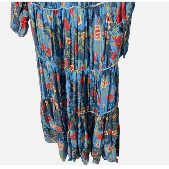 Farm Rio Dress Arabesque Floral Gown Maxi Long-Sleeve Blue Size XS *READ FLAW* - Picture 3 of 9